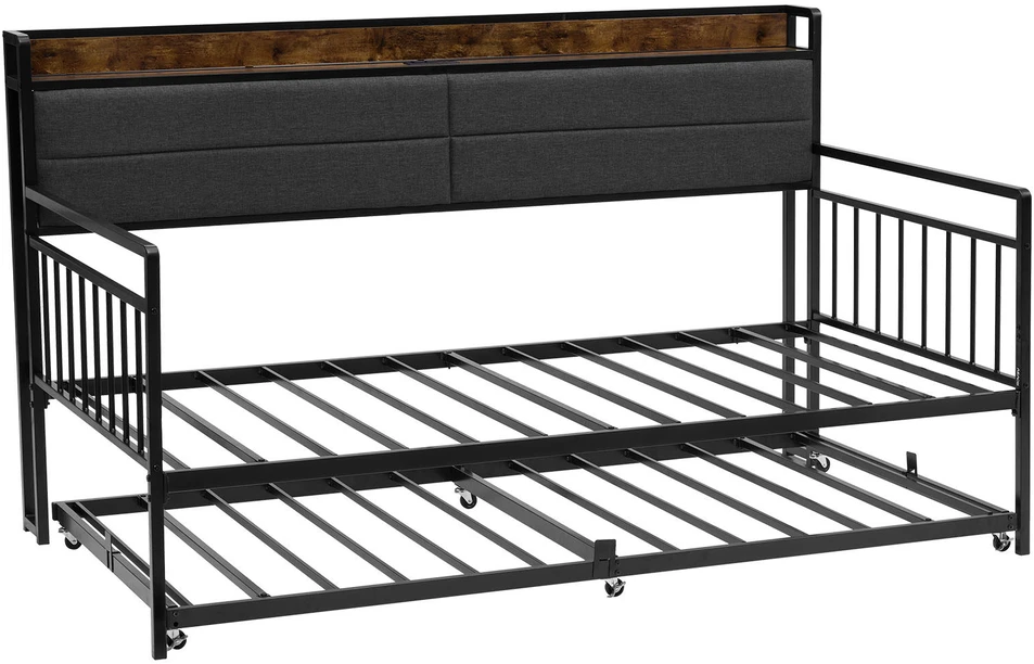VEVOR Dvigulė metalinė sofa-lova su ištraukiama lova, USB ir daiktadėže, juoda. Sofa lova, dvivietė lova, svečių lova