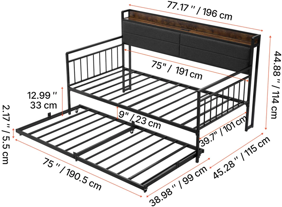 VEVOR Dvigulė metalinė sofa-lova su ištraukiama lova, USB ir daiktadėže, juoda. Sofa lova, dvivietė lova, svečių lova