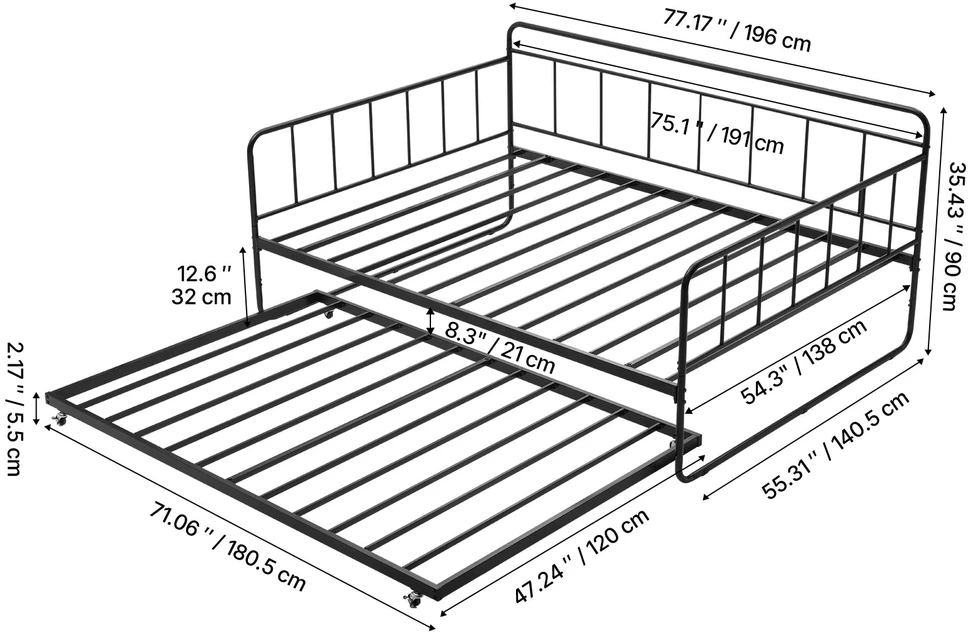 VEVOR Dvigulė metalinė lova su ištraukiama dalimi, 2in1 daugiafunkcinė sofa lova, juoda, svečių lova