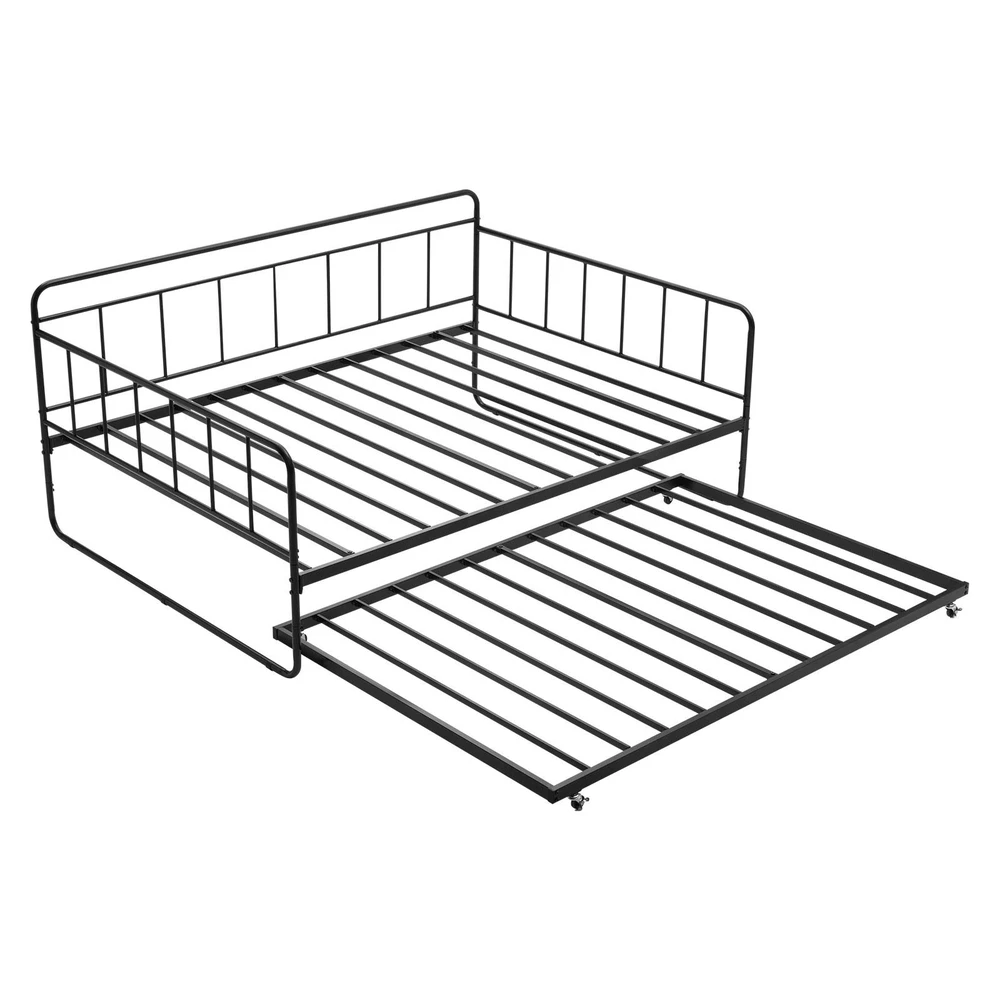 VEVOR Dvigulė metalinė lova su ištraukiama dalimi, 2in1 daugiafunkcinė sofa lova, juoda, svečių lova