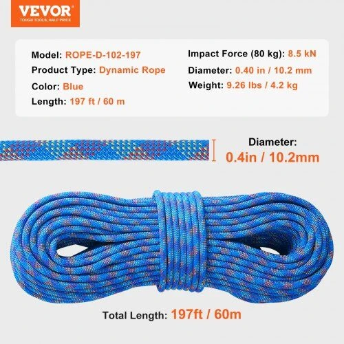 VEVOR 10,2 mm dinaminė kopimo virvė 60 m mėlyna