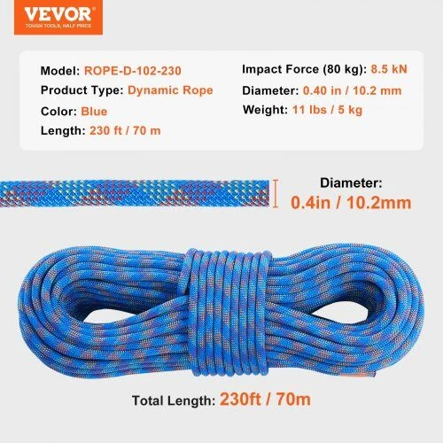VEVOR 10,2 mm dinaminė laipiojimo virvė 70 m