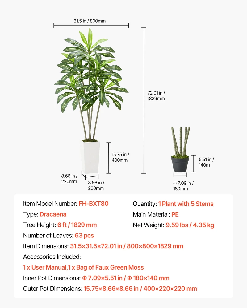 VEVOR Dirbtinė Dracena su baltu vazonu