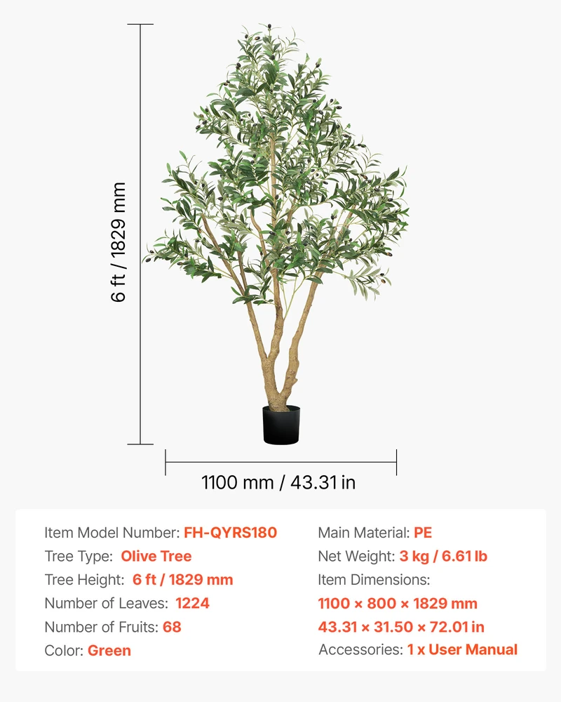 VEVOR dirbtinis 180 cm alyvmedis su puodu