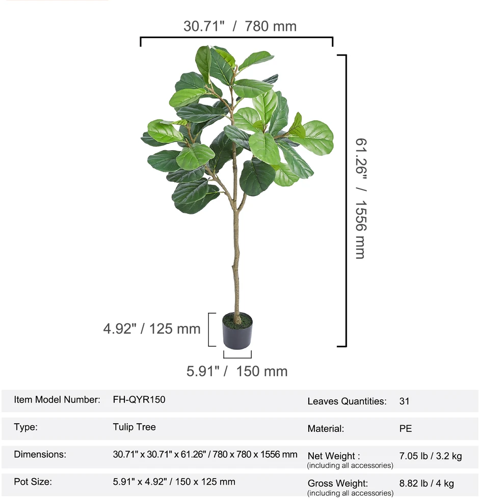 VEVOR Dirbtinis fikusas 5 ft aukščio