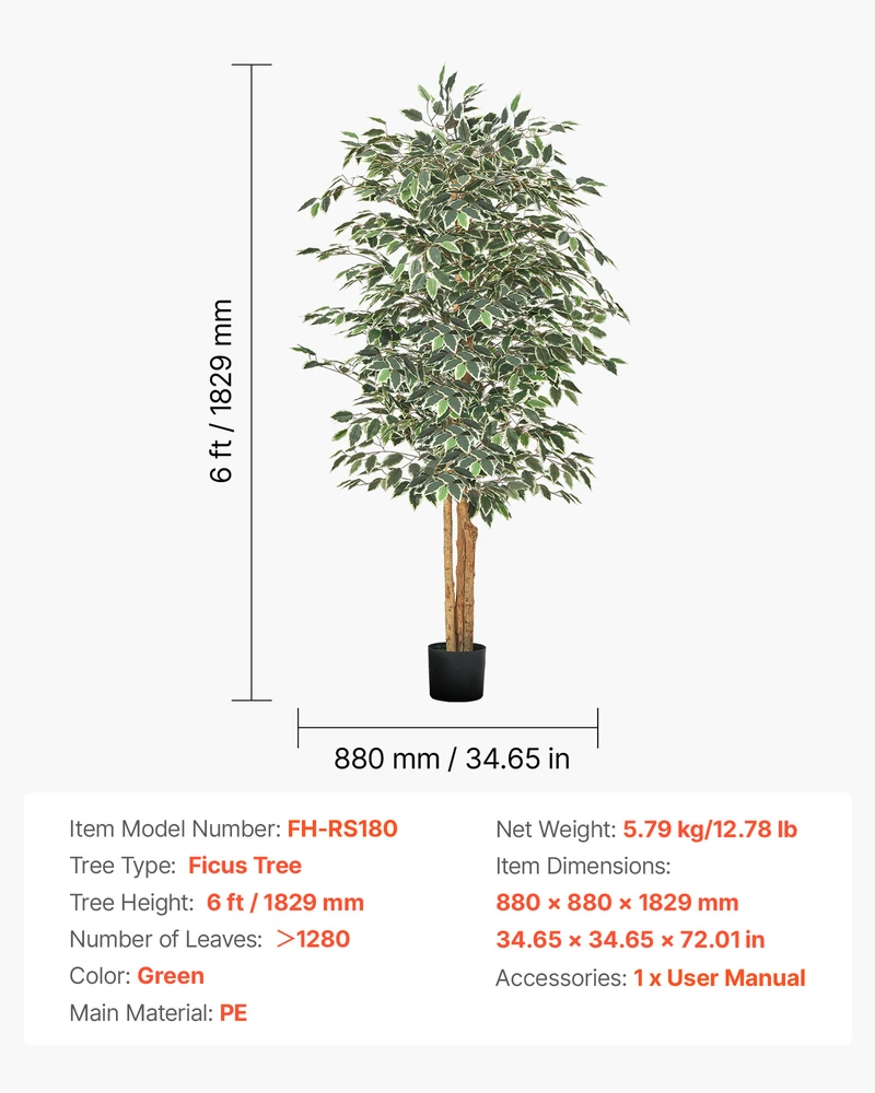 VEVOR 180 cm dirbtinis fikusas su vazonu vidaus dekorui