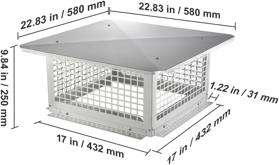 Kepurė VEVOR Nerūdijančio plieno kaminas, 431.8x431.8 mm