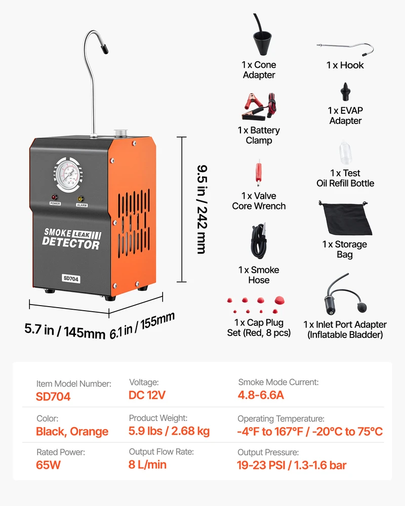 Vevor Dūmų nuotėkio detektorius 14.5x15.5x24.2 cm Juodas Diagnostikos įrankis