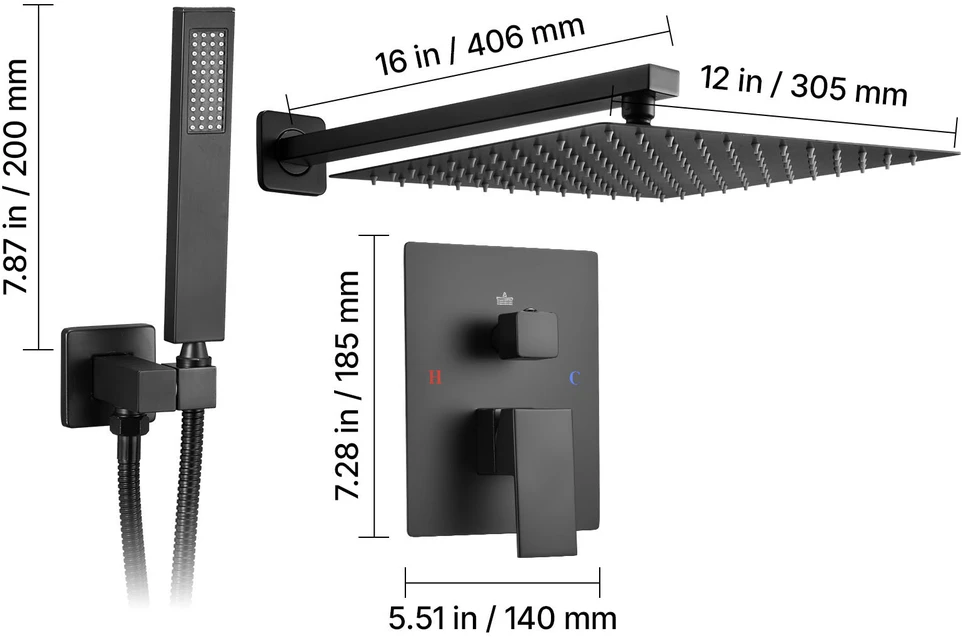 VEVOR Dušo maišytuvo komplektas su 30 cm kvadratiniu galvute