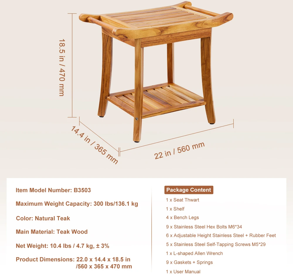 VEVOR Teak medinis vonios suoliukas