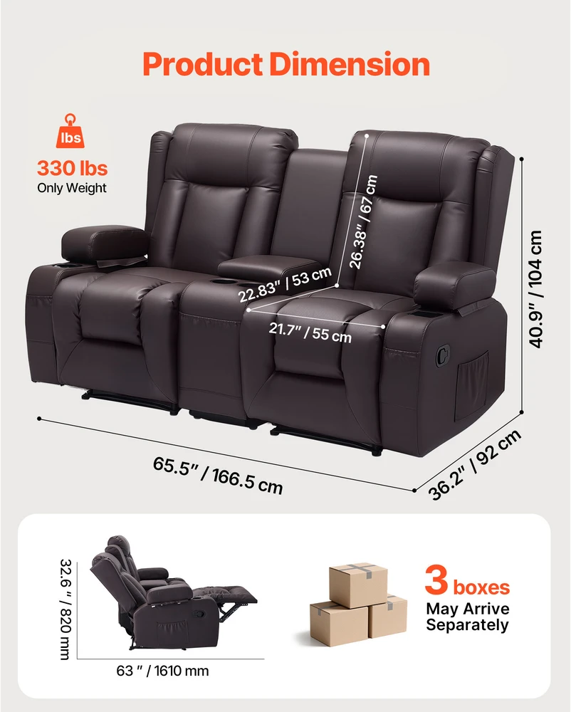 VEVOR Dviejų vietų atlošiama sofa su centriniu console