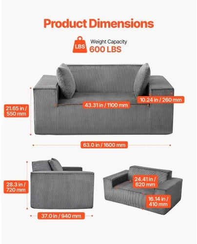 VEVOR Dviejų vietų šviesiai pilkas sofa be surinkimo