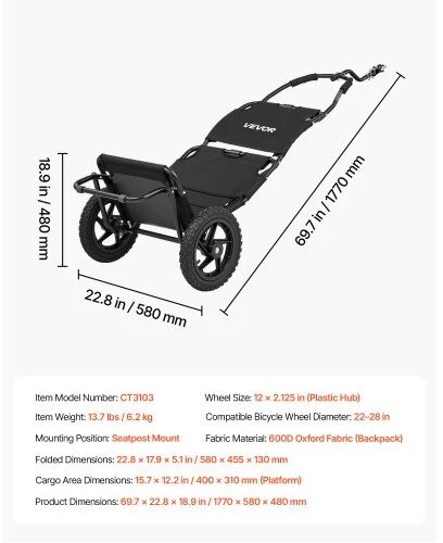 Vevor Dviračio krovininė priekaba, 27 kg, 3 viename – kuprinė/priekaba/vežimėlis, sulankstoma, su 305 mm ratais