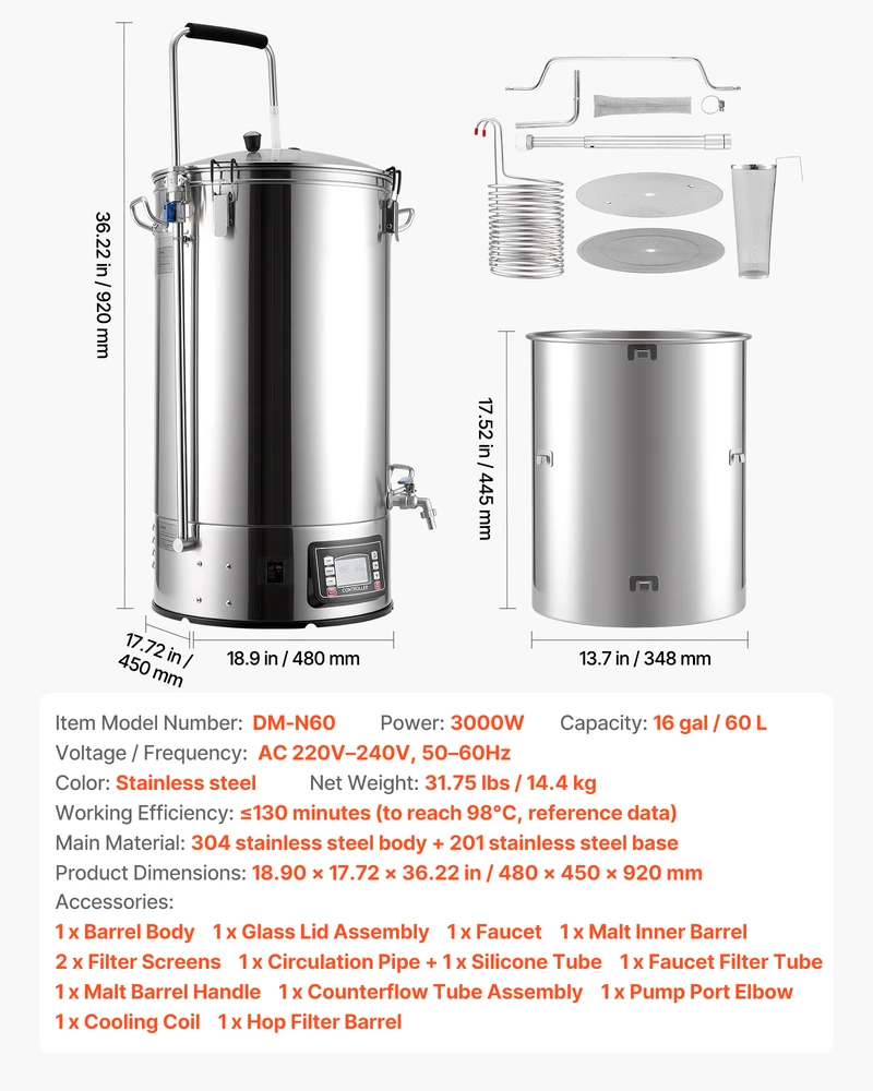 VEVOR Elektrinė alaus gamybos sistema, 60 l talpa, 3000W