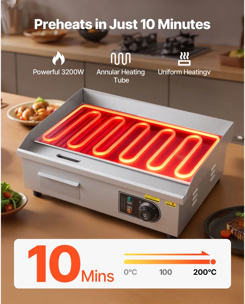 Vevor Elektrinė grilinė 53,5x30 cm nerūdijantis plienas pusiau grublėta pusiau lygi