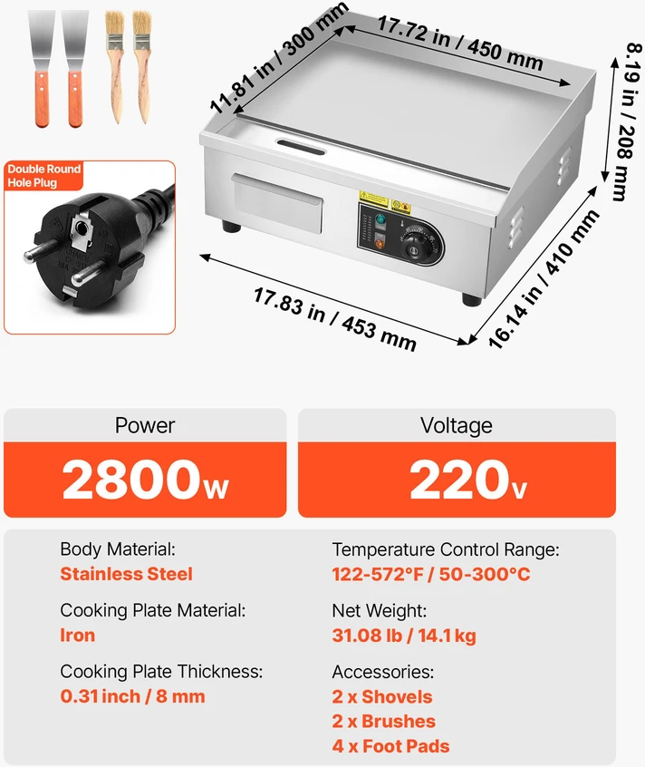 VEVOR Elektrinė kepimo plokštė, 2800 W, lygi paviršiaus keptuvė, komercinė