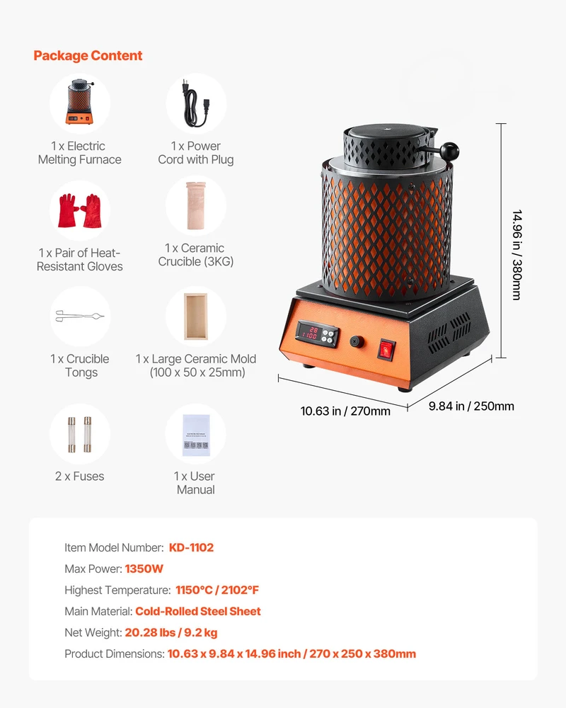 VEVOR Elektrinė lydymo krosnelė, 1350W, 3kg keraminis tiglis