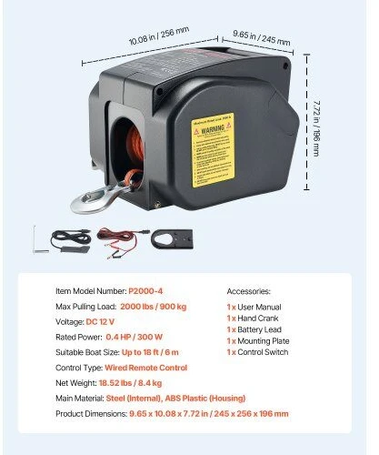 VEVOR Elektrinis valčių gervė, 12V DC 300W, reversinė gervė iki 900 kg