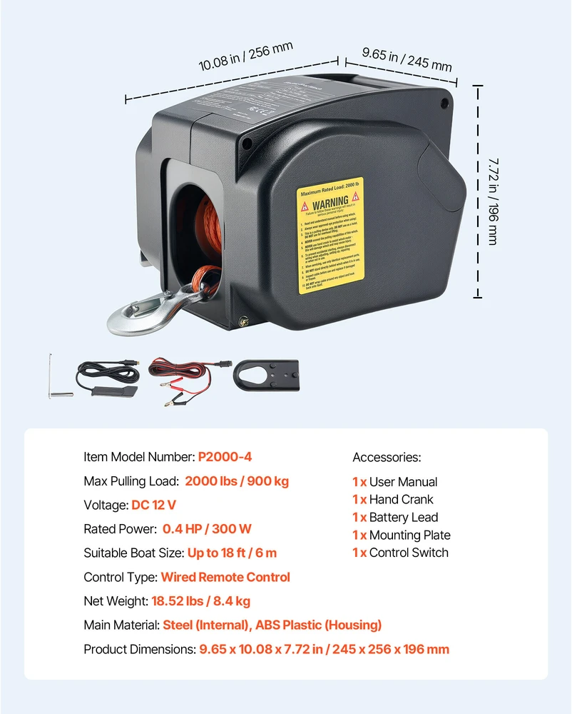 VEVOR Elektrinis valčių gervė, 12V DC 300W, reversinė gervė iki 900 kg