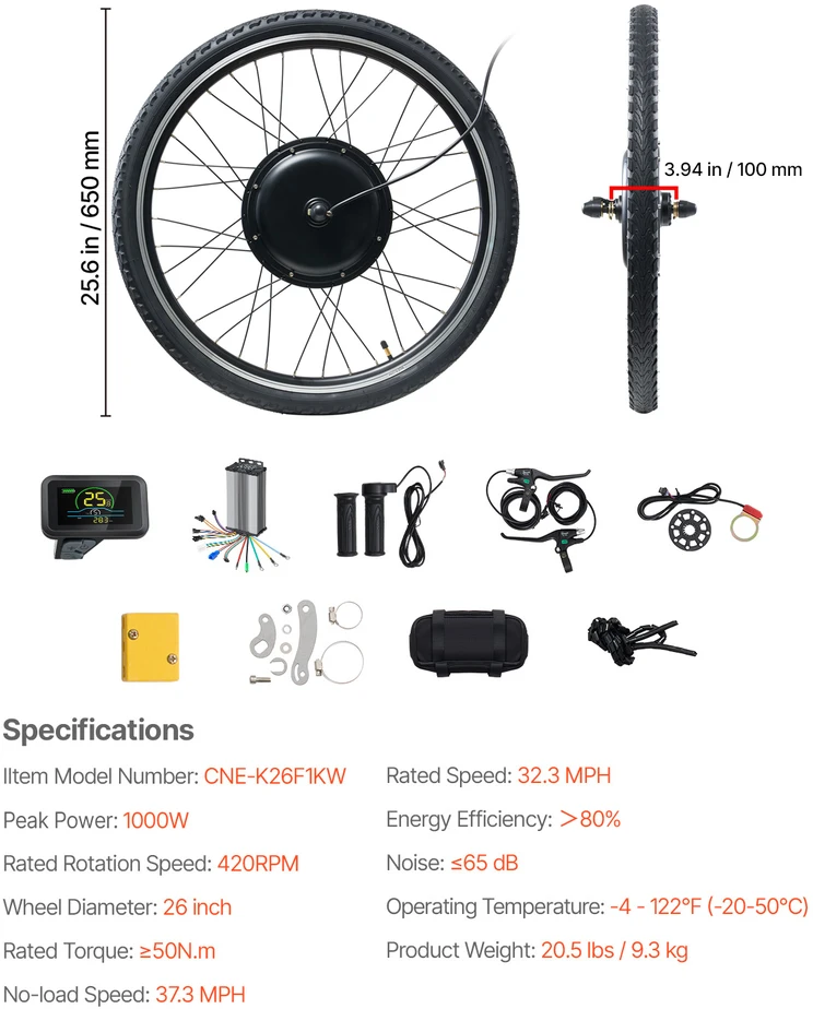 VEVOR 1000 W elektrinio dviračio konversijos rinkinys 48V 26" priekinis ratas