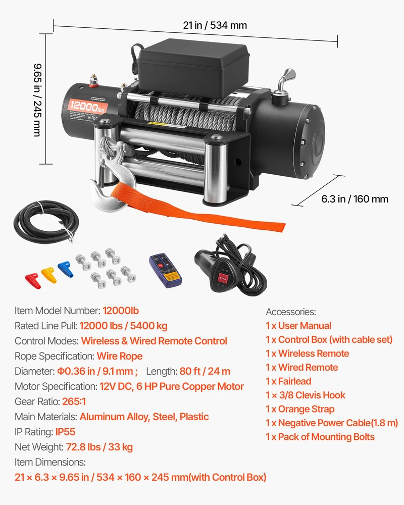 VEVOR Elektrinė gervė, 5400 kg apkrova, 12V DC