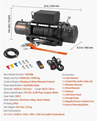 VEVOR Elektrinė gervė visureigiams, 6100 kg, 12V DC, sintetinis lynas, belaidis valdymas, vandeniui atspari gervė džipams, priekaboms ir valtims, galingas keltuvas