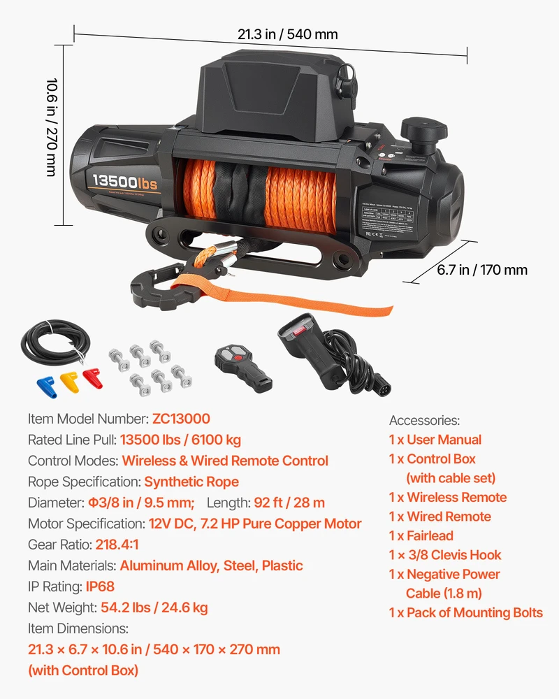 VEVOR Elektrinis gervė 6100 kg, 12V DC su sin. virve