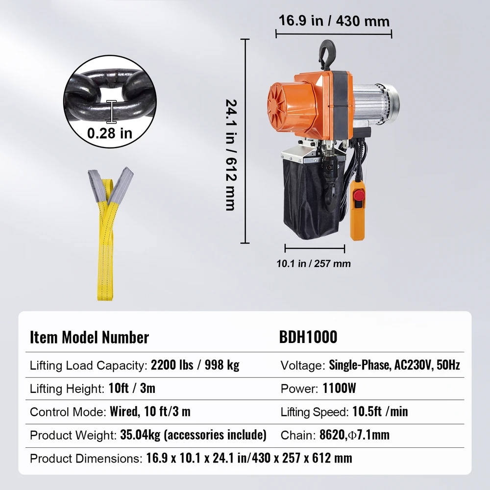 VEVOR Elektrinis grandininis keltuvas 2200 lbs apkrova 3 m