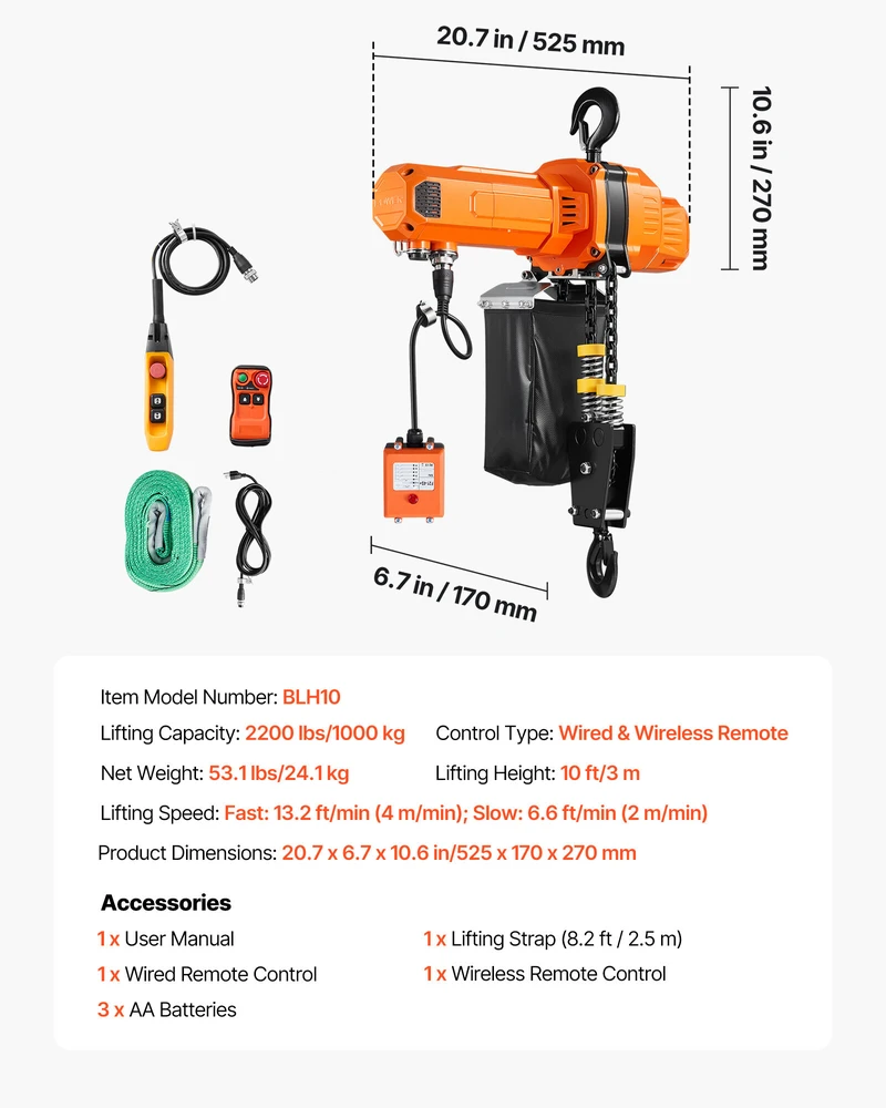 VEVOR 1000 kg elektrinis grandininis keltuvas, 3 m