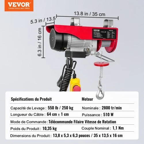 VEVOR Elektrinis keltuvas, 250 kg, 510W variklis