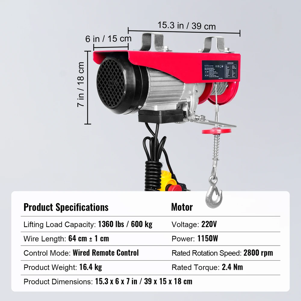 VEVOR Elektrinis keltuvas 600 kg, 220V 1150W