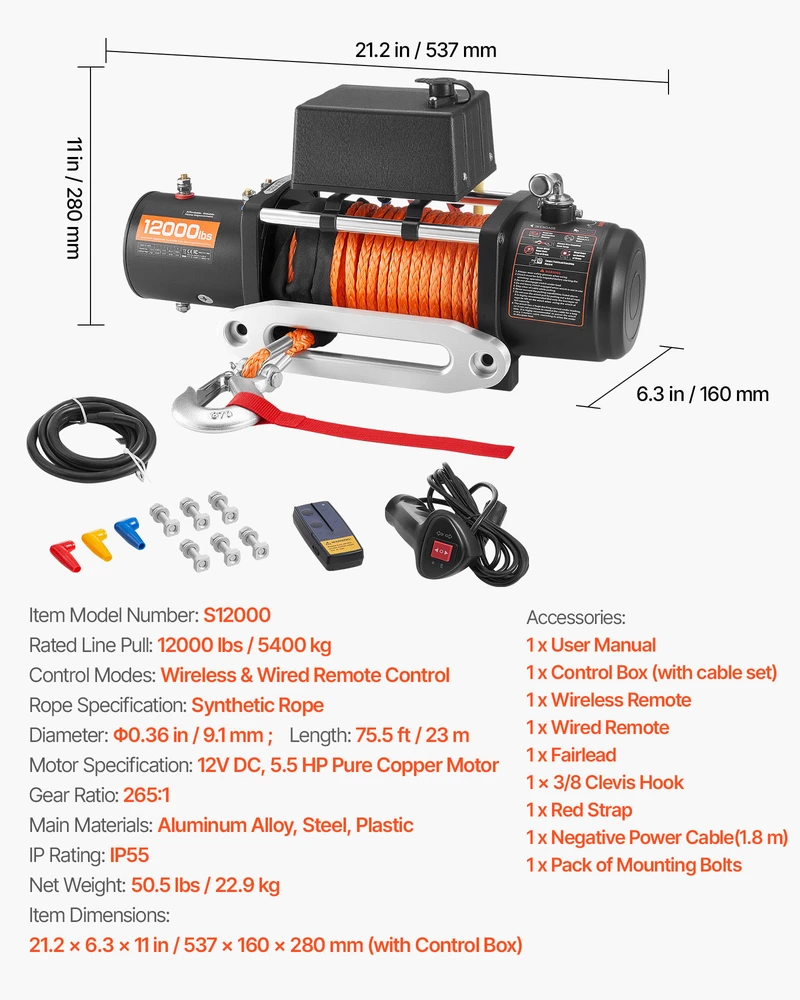 VEVOR Elektrinė gervė, 5400 kg apkrova, 12V sunkvežimiams