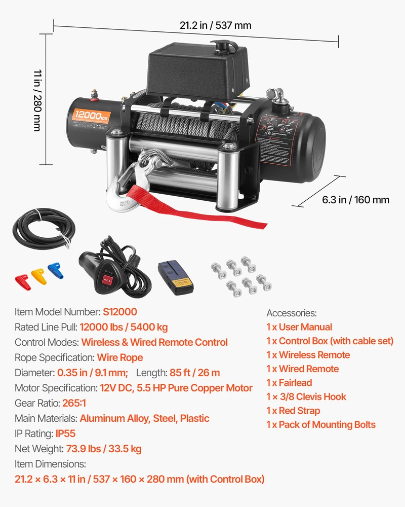 VEVOR Elektrinė gervė 5400 kg su plienine virve 12V
