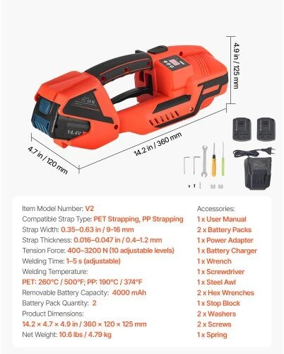 VEVOR Elektrinė juostavimo mašina, 2 x 4000 mAh baterijos