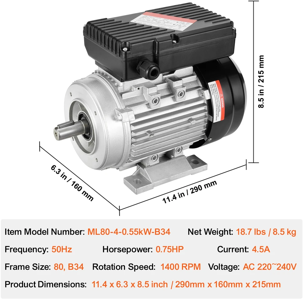 VEVOR 0.55KW elektrinis variklis, 1400 aps./min, 220~240V
