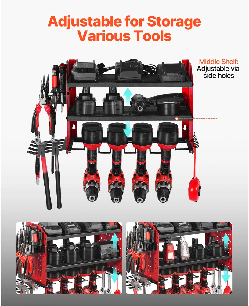 VEVOR elektrinių įrankių sieninė lentyna su 4 laikikliais