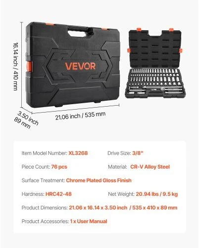 VEVOR 76 dalių galvučių ir terkšlės rinkinys automobilių remontui