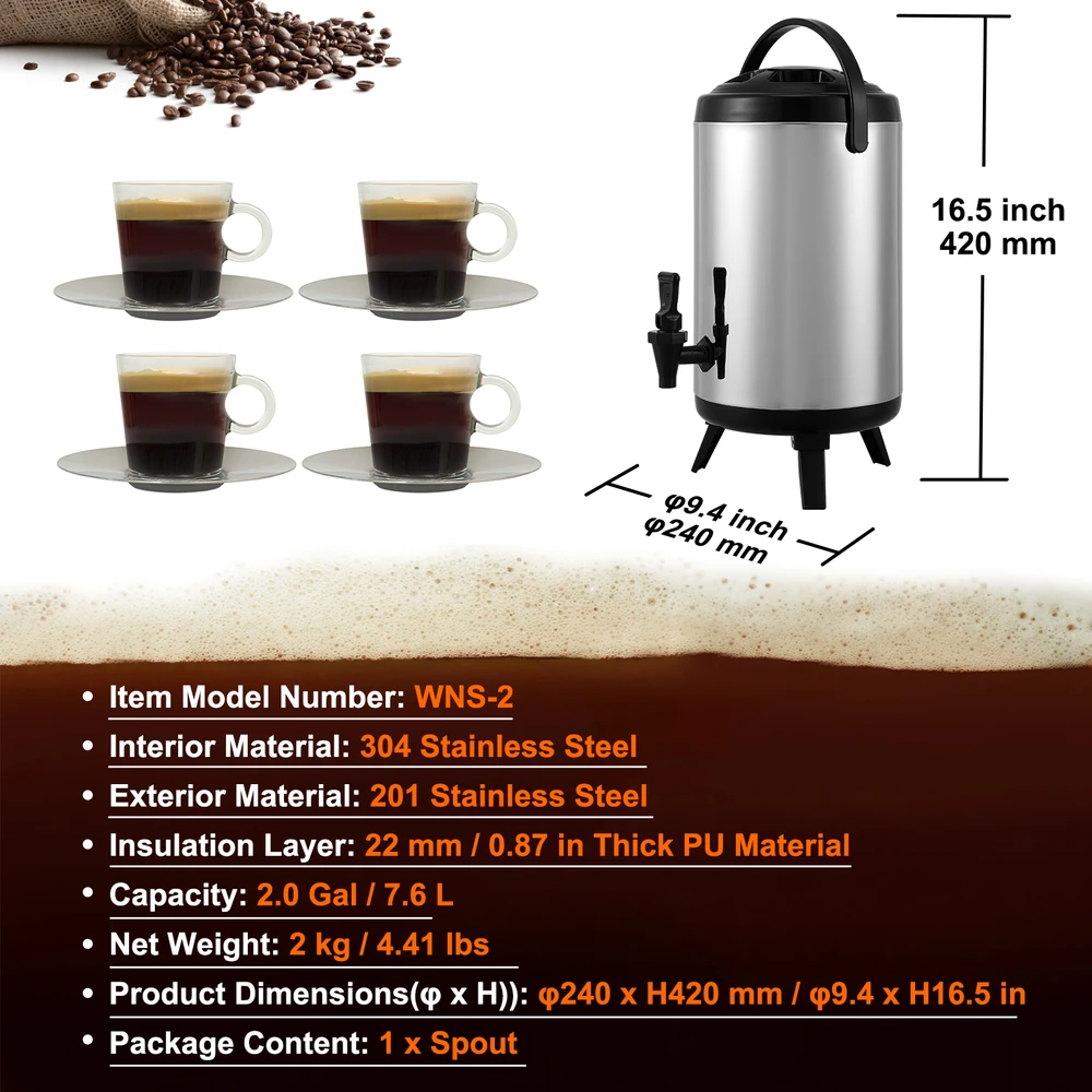 VEVOR Nerūdijančio plieno izoliacinis gėrimų dozatorius, 7.6 L