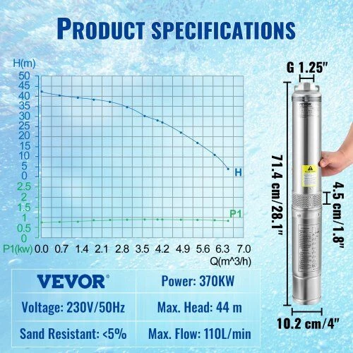 VEVOR Giluminis vandens siurblys, 370W 230V, nerūdijantis plienas