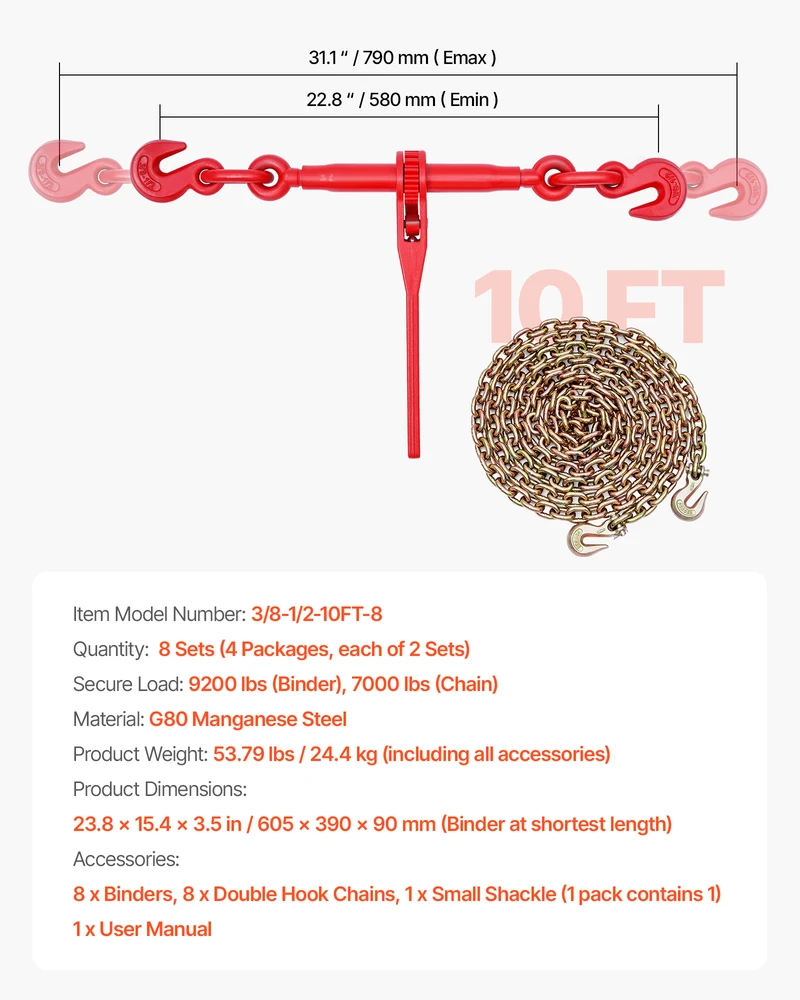 VEVOR Grandininis ratchetas 1 cm x 3 m G80 tvirtinimui