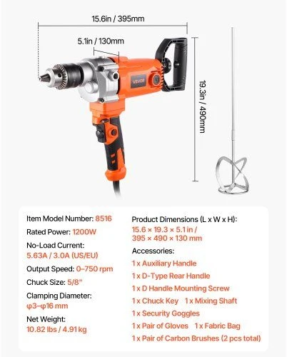 VEVOR Elektrinis maišytuvas 15.89 mm, 1200 W, 0-750 rpm