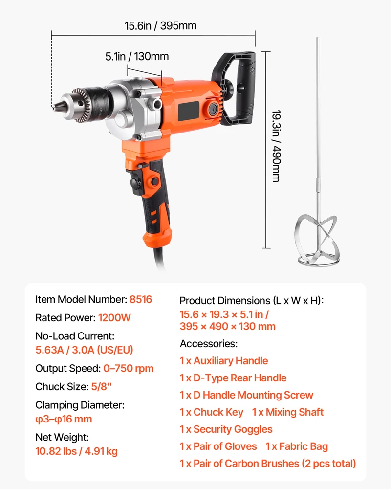 VEVOR Elektrinis maišytuvas 15.89 mm, 1200 W, 0-750 rpm