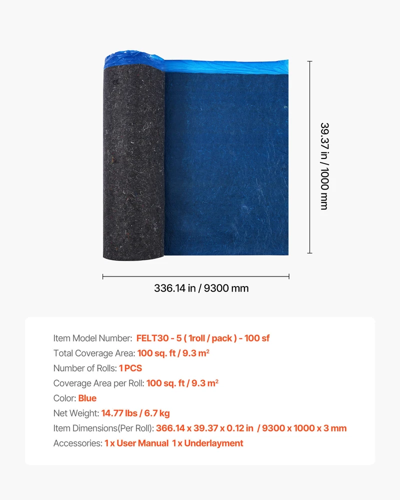 VEVOR Grindų paklotas 9.3 m²/roll, 3 mm storio