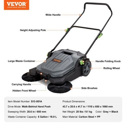 VEVOR Rankinis grindų šlavimo įrenginys su 65 cm pločio šepečiu