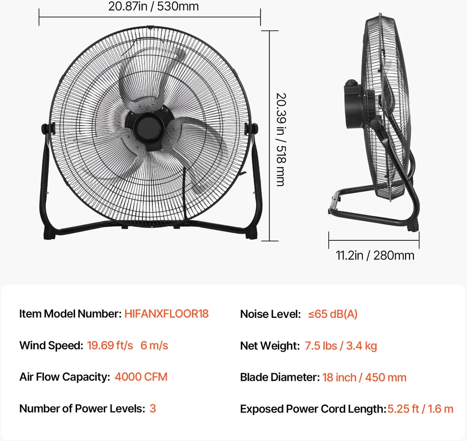VEVOR 45 cm grindų ventiliatorius su 360° pasvirimu