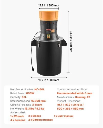 VEVOR Elektrinis grūdų malūnas, 600W galingumas, 53L talpa