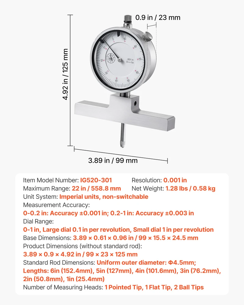 VEVOR Gylio mikrometro matuoklis griovelių, pakopų, skylių gyliui matuoti, tikslus mechaninis įrankis su 0-558.8 mm diapazonu, lengvai skaitoma skalė, gylio matavimo rinkinys, matavimo prietaisas