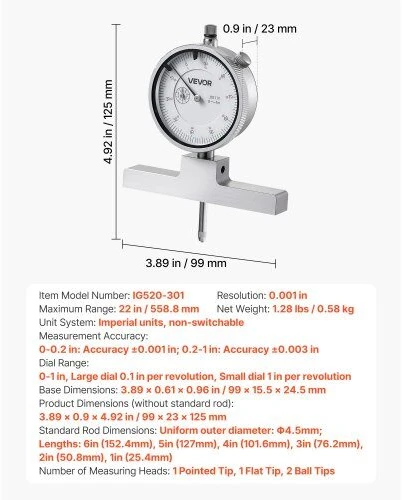 VEVOR Gylio mikrometro matuoklis griovelių, pakopų, skylių gyliui matuoti, tikslus mechaninis įrankis su 0-558.8 mm diapazonu, lengvai skaitoma skalė, gylio matavimo rinkinys, matavimo prietaisas