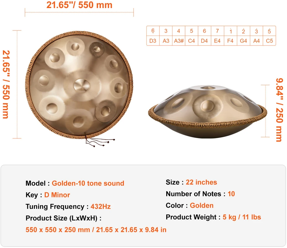 VEVOR 22 colių handpan būgnas su mušikliu