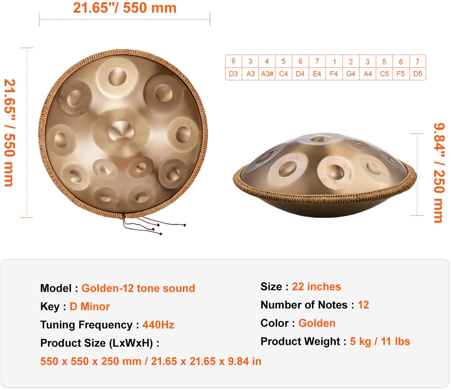VEVOR Handpan būgnas 22 cm 12 natų D minoras